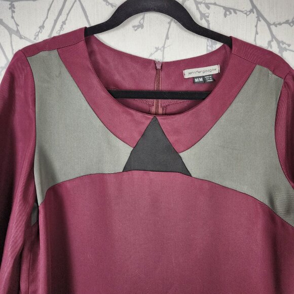 Jennifer Glasgow Burgundy Colorblock Patchwork Tencel Tunic Shift Dress - Picture 2 of 7